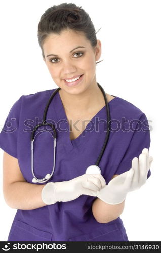 Beautiful Hispanic nurse putting on gloves.