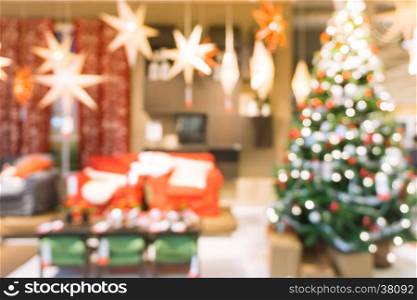 Beautiful holiday decorated room with Christmas tree, out of focus shot for photo background