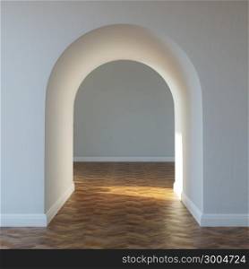 Beautiful home entrance with wood floor interior with arch.