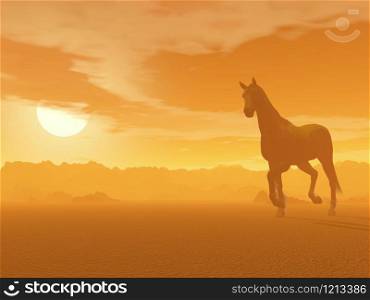 Beautiful horse trotting in the desert by foggy sunset