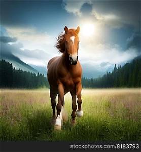 Beautiful horsegalloping towards you  in a field . AI generated.