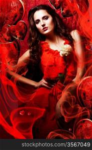 beautiful hot woman in love in red dress around fabric and hearts