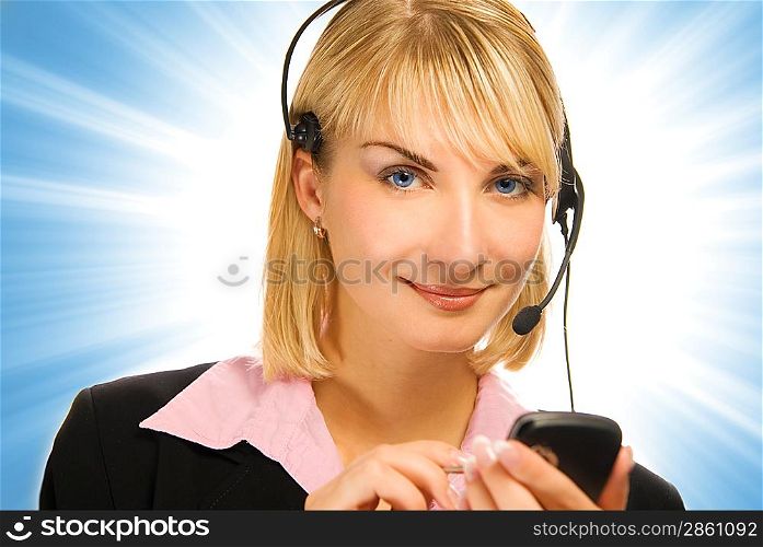 Beautiful hotline operator with cellphone in her hands on abstract background