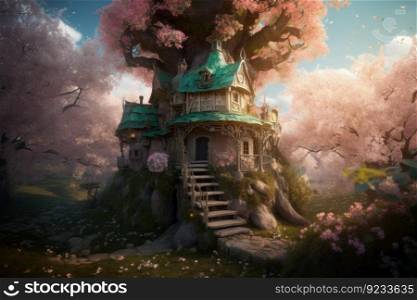 Beautiful house on magic tree. Home forest. Generate Ai. Beautiful house on magic tree. Generate Ai