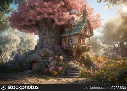Beautiful house on tree fairy. Artwork nature. Generate Ai. Beautiful house on tree fairy. Generate Ai