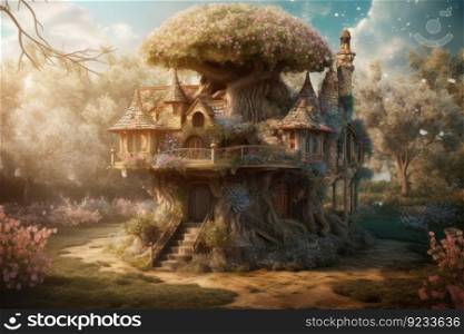 Beautiful house on tree. Nature home. Generate Ai. Beautiful house on tree. Generate Ai