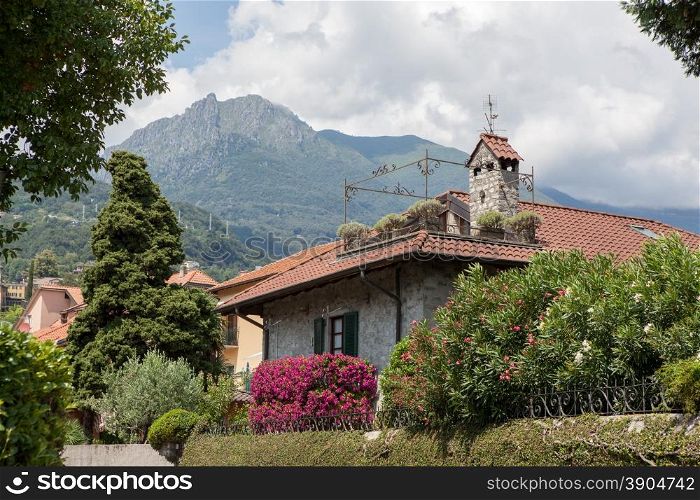 Beautiful house with green garden and flowers in the Italy