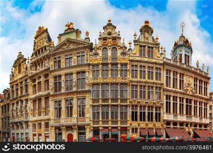 Beautiful houses of the Grand Place Square in Brussels, Belgium. From right to left Le Roy d&rsquo;Espagne, La Brouette, Le Sac, La Louve, Le Cornet, Le Renard. Grand Place Square in Brussels, Belgium