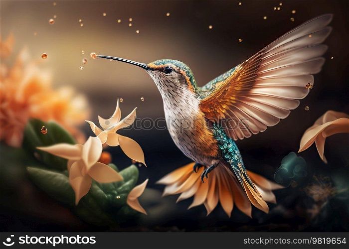 Beautiful Hummingbird Flying in Tropical Garden. AI generated Illustration.