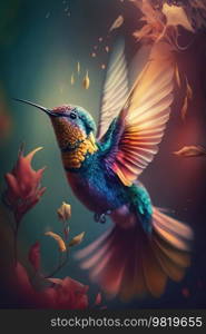 Beautiful Hummingbird Flying in Tropical Garden. AI generated Illustration.