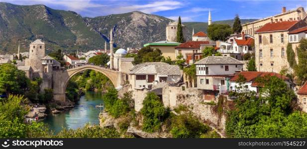 Beautiful iconic old town Mostar with famous bridge in Bosnia and Herzegovina, popular tourist destination. Landmarks of Bosnia and Herzegovina. old town Mostar