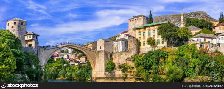 Beautiful iconic old town Mostar with famous bridge in Bosnia and Herzegovina, popular tourist destination