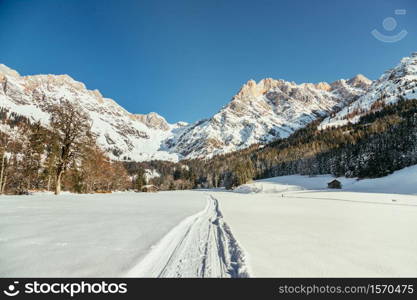 Beautiful idyllic winter landscape with footpath, stunning mountain range, snowy trees and blue sky