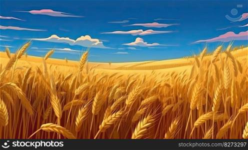 Beautiful illustration of a ripe wheat field against the blue sky, representing summertime by generative AI