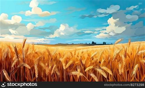 Beautiful illustration of a ripe wheat field against the blue sky, representing summertime by generative AI