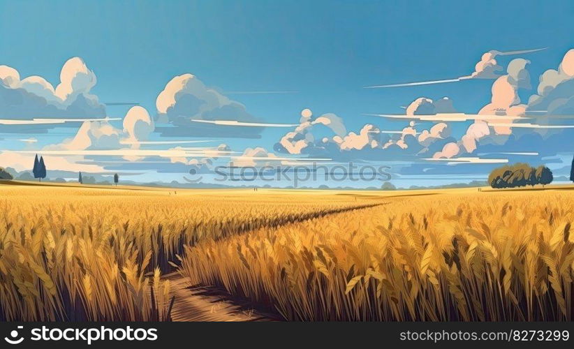 Beautiful illustration of a ripe wheat field against the blue sky, representing summertime by generative AI