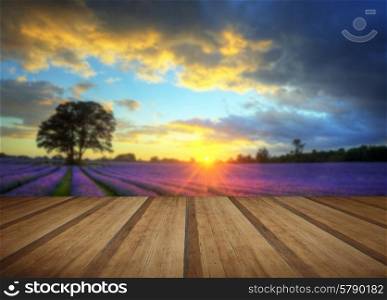 Beautiful image of stunning sunset landscape with wooden planks floor