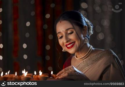 Beautiful Indian woman placing diya with smiling at home on Diwali