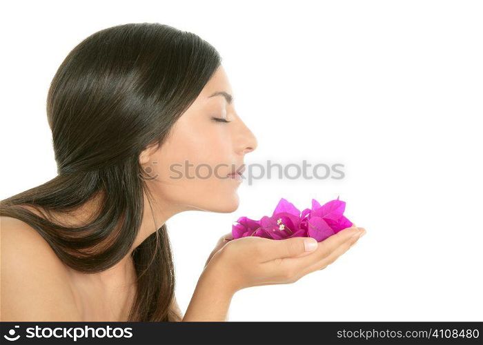 Beautiful indian woman portrait with boungainvilleas flowers over white
