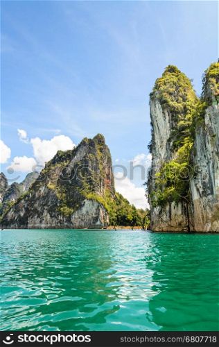 Beautiful island surrounded by water, Natural attractions at Ratchapapha dam in Khao Sok National Park, Surat Thani province, Guilin of Thailand.