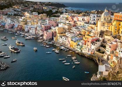 beautiful italian island procida famous for its colorful marina, tiny narrow streets and many beaches