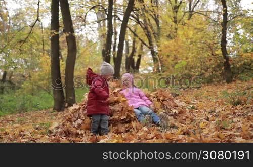 Beautiful joyful siblings jumping in a pile of fallen leaves in autumn park. Cute teenage girl and her toddler brother playing with yellow foliage outdoors. Kids enjoying leisure on a warm fall day. Slow motion.