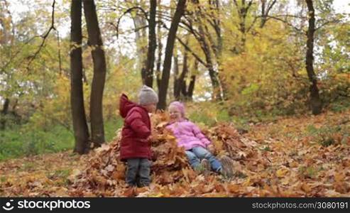 Beautiful joyful siblings jumping in a pile of fallen leaves in autumn park. Cute teenage girl and her toddler brother playing with yellow foliage outdoors. Kids enjoying leisure on a warm fall day. Slow motion.