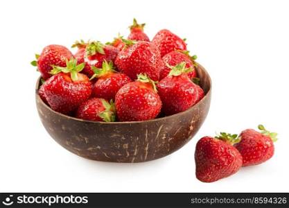 Beautiful juicy ripe red strawberry in a wooden plate isolated on a white background