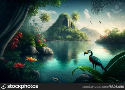 Beautiful jungle beach lagoon view with palm trees and tropical leaves