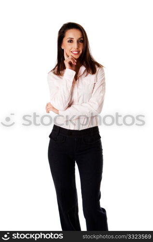 Beautiful kind smiling successful Caucasian Hispanic entrepreneur business woman standing, wearing dark blue pants and pink shirt with hand on cheek, isolated.