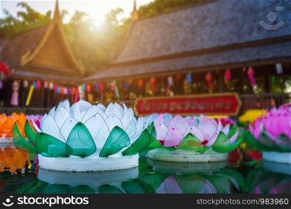 Beautiful kratong Made of foam is floating on the water for Loy Kratong Festival or Thai New Year and river goddess worship ceremony,the full moon of the 12th month Be famous festival of Phitsanulok,Thailand. (Thai language:Wang Kratong Song Khwae)