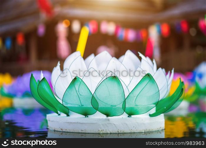 Beautiful kratong Made of foam is floating on the water for Loy Kratong Festival or Thai New Year and river goddess worship ceremony,the full moon of the 12th month Be famous festival of Thailand.