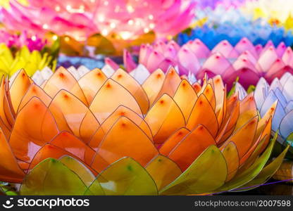 Beautiful kratongs Made of foam is floating on the water for Loy Krathong Festival or Thai New Year and river goddess worship ceremony is Public places,full moon the 12th month Be famous of Thailand.