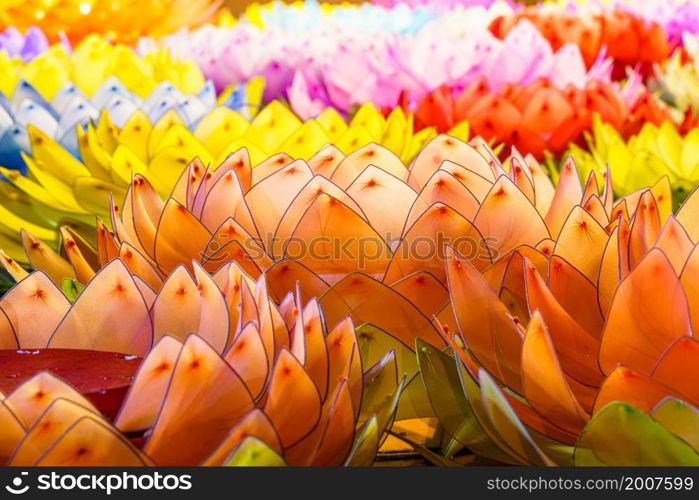 Beautiful kratongs Made of foam is floating on the water for Loy Krathong Festival or Thai New Year and river goddess worship ceremony is Public places,full moon the 12th month Be famous of Thailand.