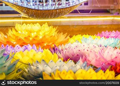 Beautiful kratongs Made of foam is floating on the water for Loy Krathong Festival or Thai New Year and river goddess worship ceremony is Public places,full moon the 12th month Be famous of Thailand.