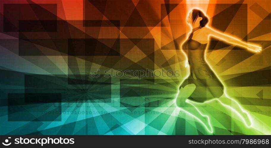 Beautiful Lady Dancing or Leaping into an Abstract. Different Technologies