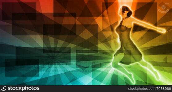 Beautiful Lady Dancing or Leaping into an Abstract. Different Technologies