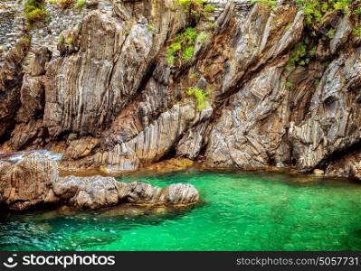 Beautiful lagoon, Europe, Italy, Cirque Terre, majestic cliffs over Mediterranean sea, gorgeous natural background, summer traveling concept