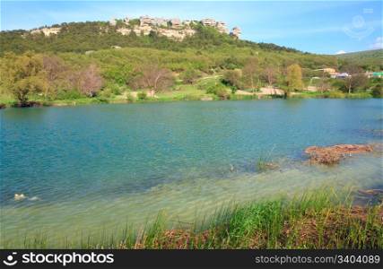 beautiful lake and spring rocks mountain behind (Crimea, Ukraine)
