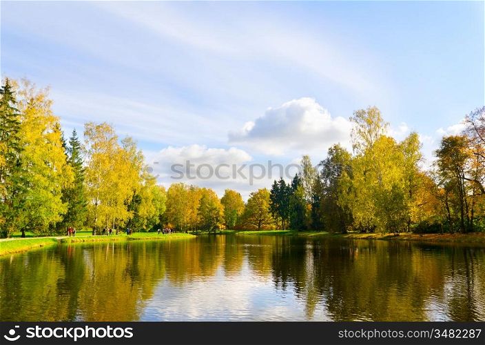 beautiful lake at autumn park at sunny weather