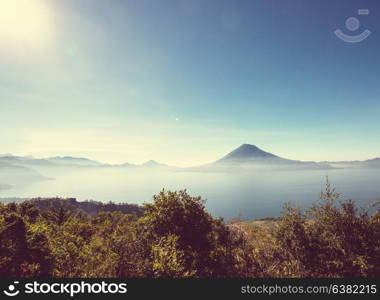 Beautiful lake Atitlan and volcanos in the highlands of Guatemala, Central America