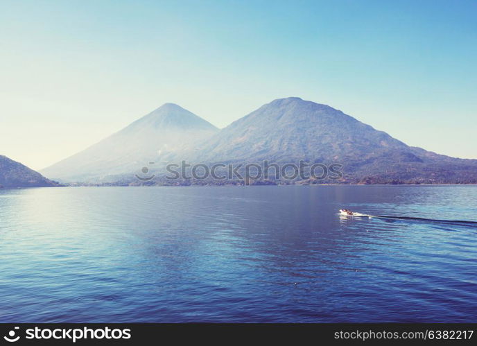 Beautiful lake Atitlan and volcanos in the highlands of Guatemala, Central America