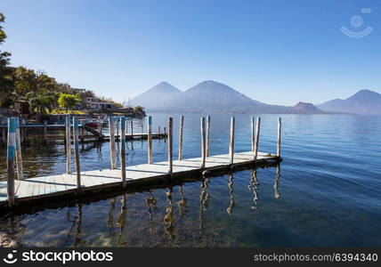 Beautiful lake Atitlan and volcanos in the highlands of Guatemala, Central America