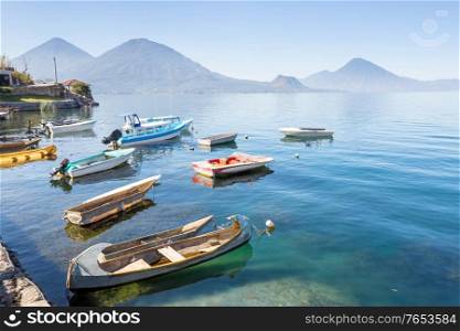 Beautiful lake Atitlan and volcanos in the highlands of Guatemala, Central America