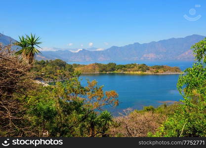 Beautiful lake Atitlan and volcanos in the highlands of Guatemala, Central America