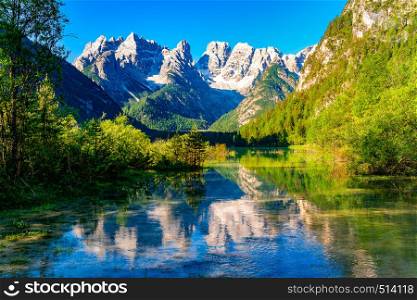 Beautiful Lake Durrensee or Lake Landro and the Dolomites mountain in the morning at South Tyrol Italy