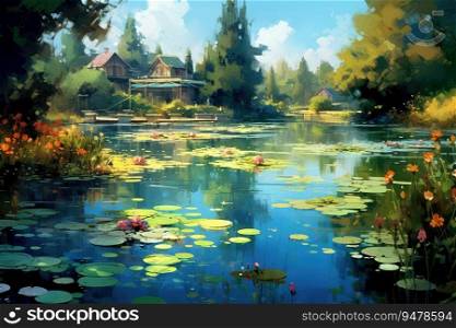 Beautiful lake with flowers around it. Generative AI
