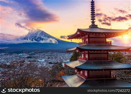Beautiful landmark of Fuji mountain and Chureito Pagoda at sunset, Japan.