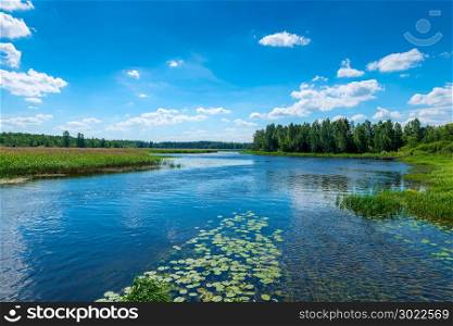 beautiful landscape - a river with clear water, a green forest and a blue sky - the expanses of Russia