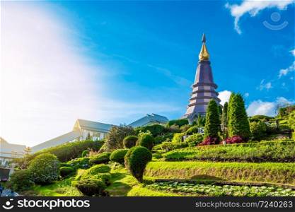 Beautiful landscape aerial view of Doi Inthanon in evening time with blue sky background buddhist stupa landmark tourism at Chiang Mai of north Thailand.